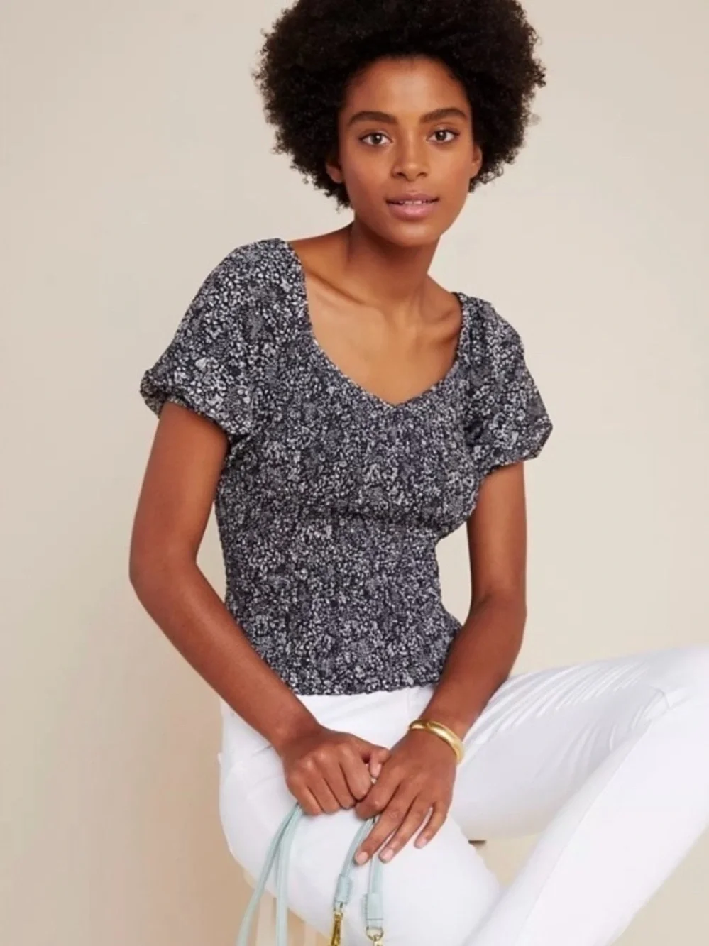 Anthropologie Aurelia Black & White Ditsy Floral Smocked Puff Sleeve Top EUC, XL